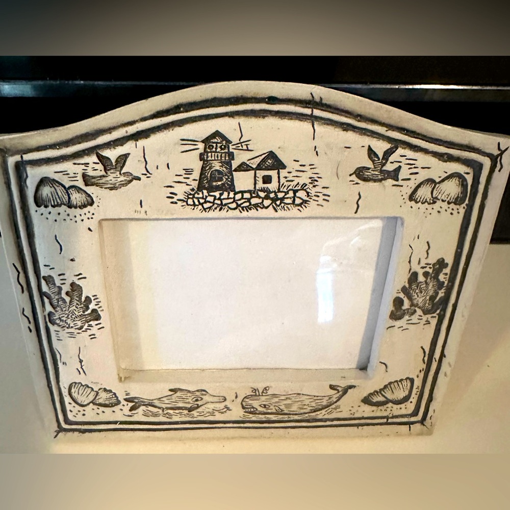 Vintage Nautical Folk Art Faux Scrimshaw Photo Frame Whales Nantucket 3.5 x 5”